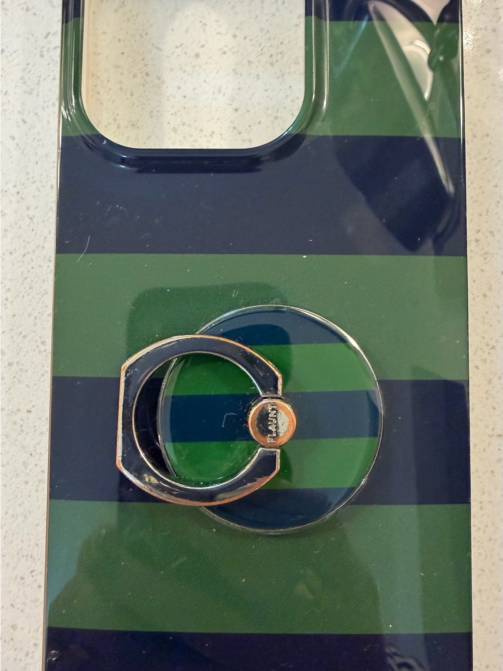 Striped Green & Navy Phone Case with Gold Ring Holder